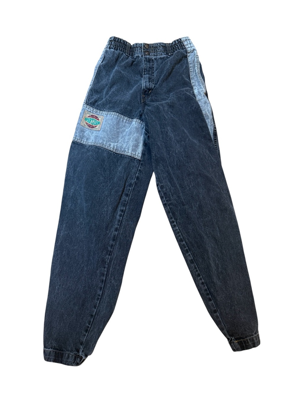 1980’s killer black gray acid wash sport jeans elastic waist & cuffs. Rare HTF